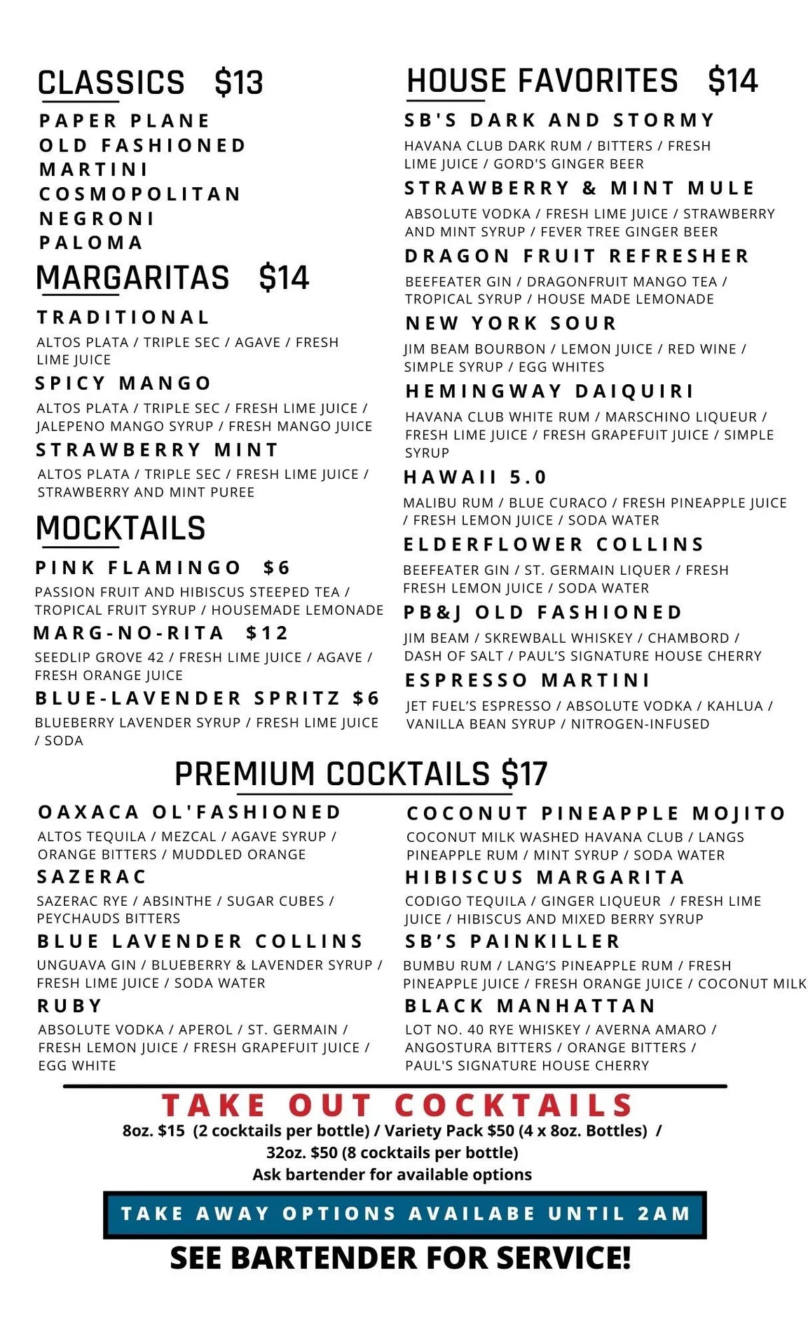 Super Bargains Cocktail Menu on a white background with black text. Menu shows options like "Classics, House Favorites, Margaritas, Mocktails, Premium Cocktails" - Showing even Take Out Cocktails are avalible. 