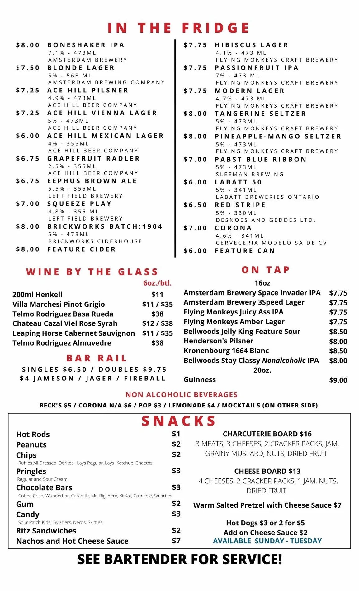 Super Bargain menu on a white background with mostly black writing. Some titles are in red text. Menu options include "In the Fridge", "Wine by the glass", "On TAP", "Bar Rail", and "Snacks"